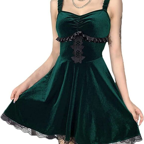 Gothic Retro Green Velvet Butterflies Patchwork Steampunk Party Dress SIZE L NEW - Picture 1 of 14